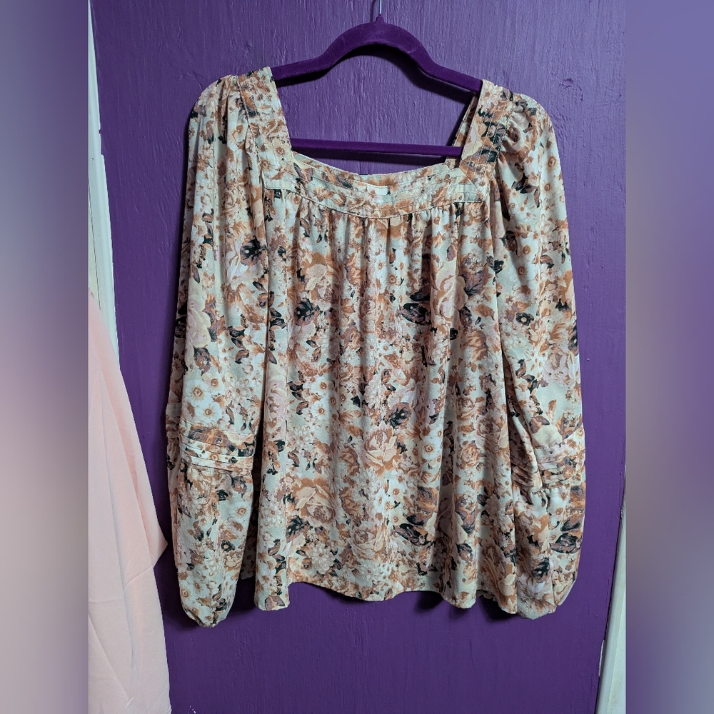 💜 LC Lauren Conrad Grey Pink Floral Square Neck Blouse XL 14 16